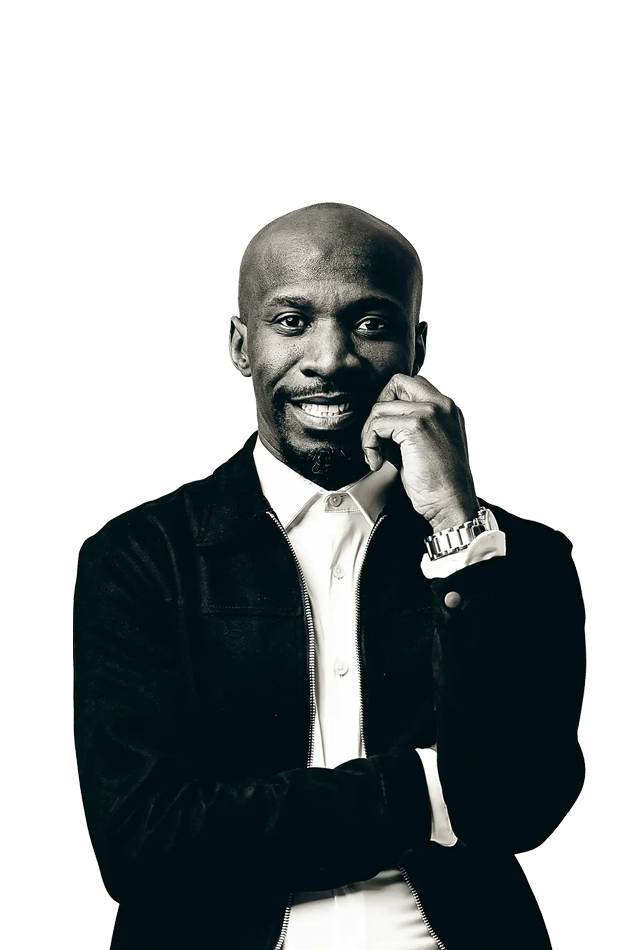 Black and white portrait of Teekay Netshideyi resting his chin on his hand